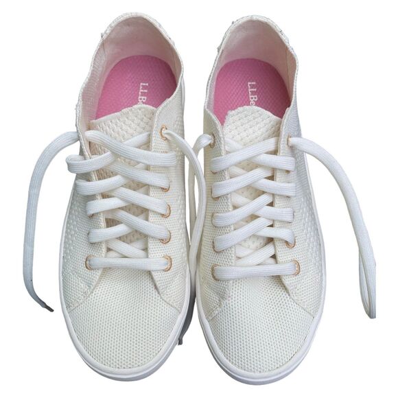 L.L.Bean Eco Bay cream rose gold Women's Sz 6 Knit Lace-up Sneakers Tennis Shoes - Picture 1 of 8
